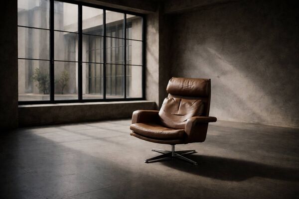 Vintage Mid-Century Danish Modern Brown Leather Swivel Chair & Ottoman