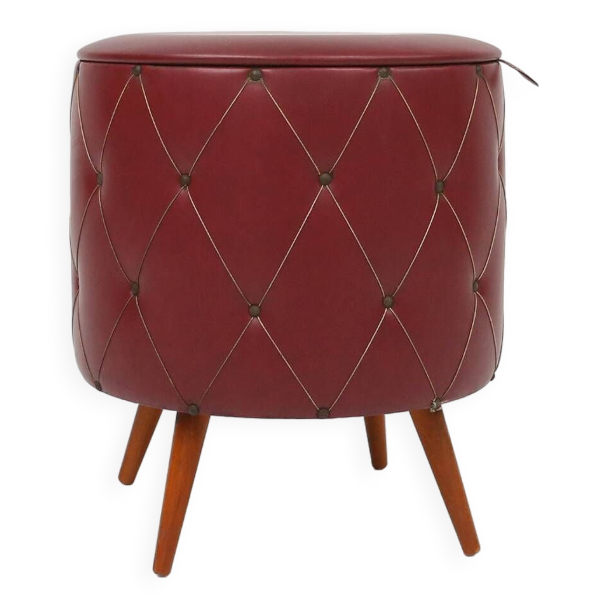 Vintage pouf with storage in dark red faux leather, France ca. 1950