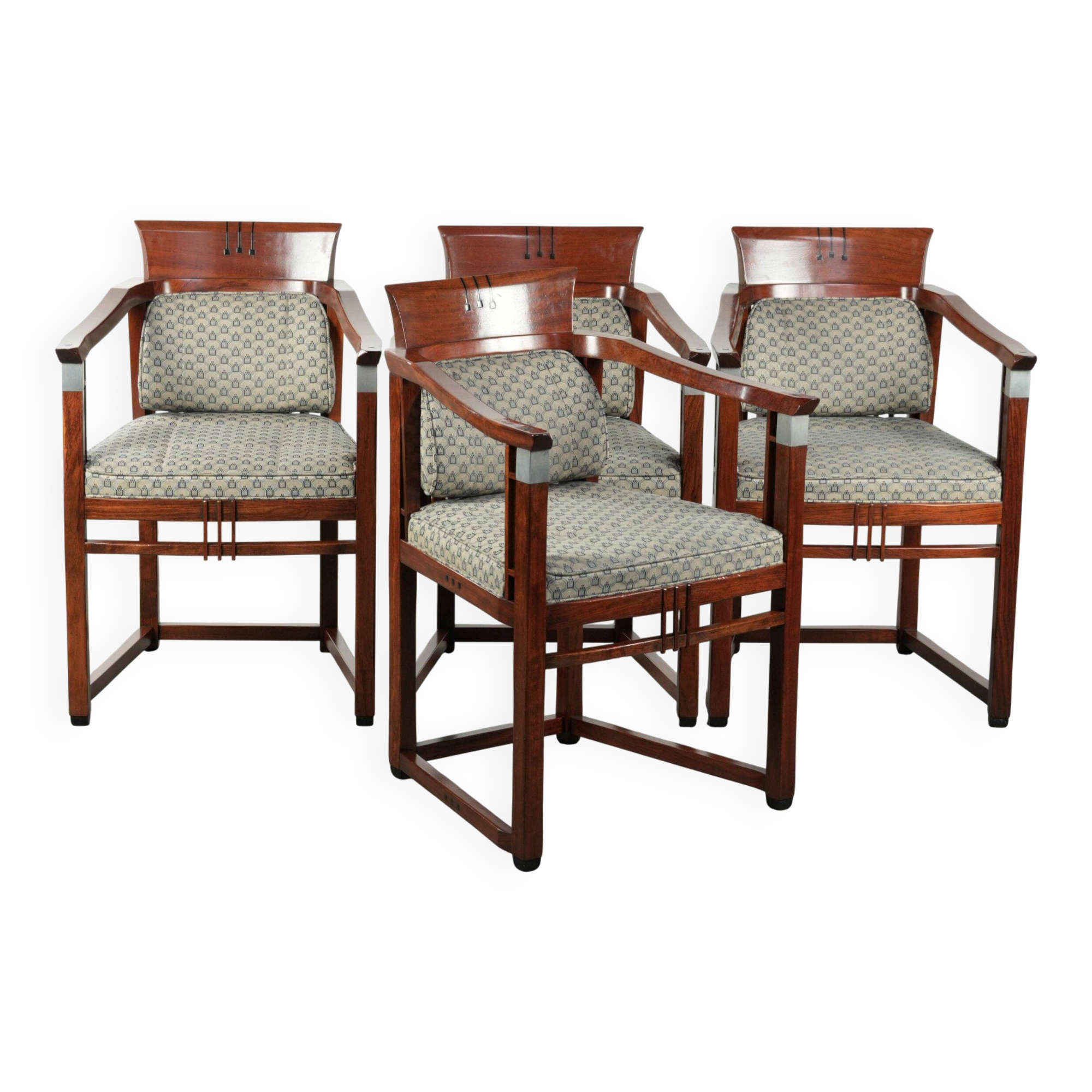 In very good condition Art Deco design dining chairs with fabric upholstery