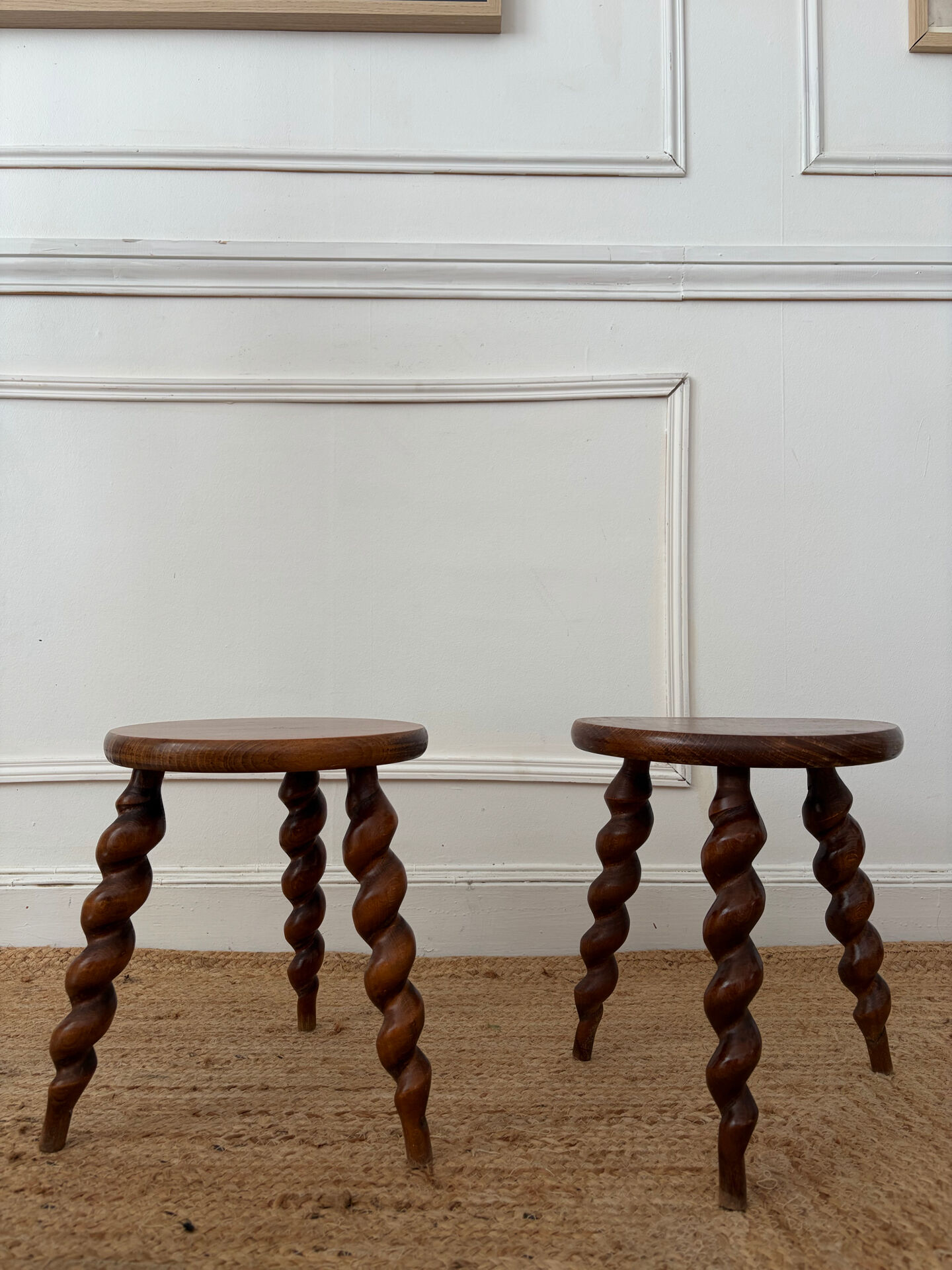 Pair of twisted wooden tripod stools