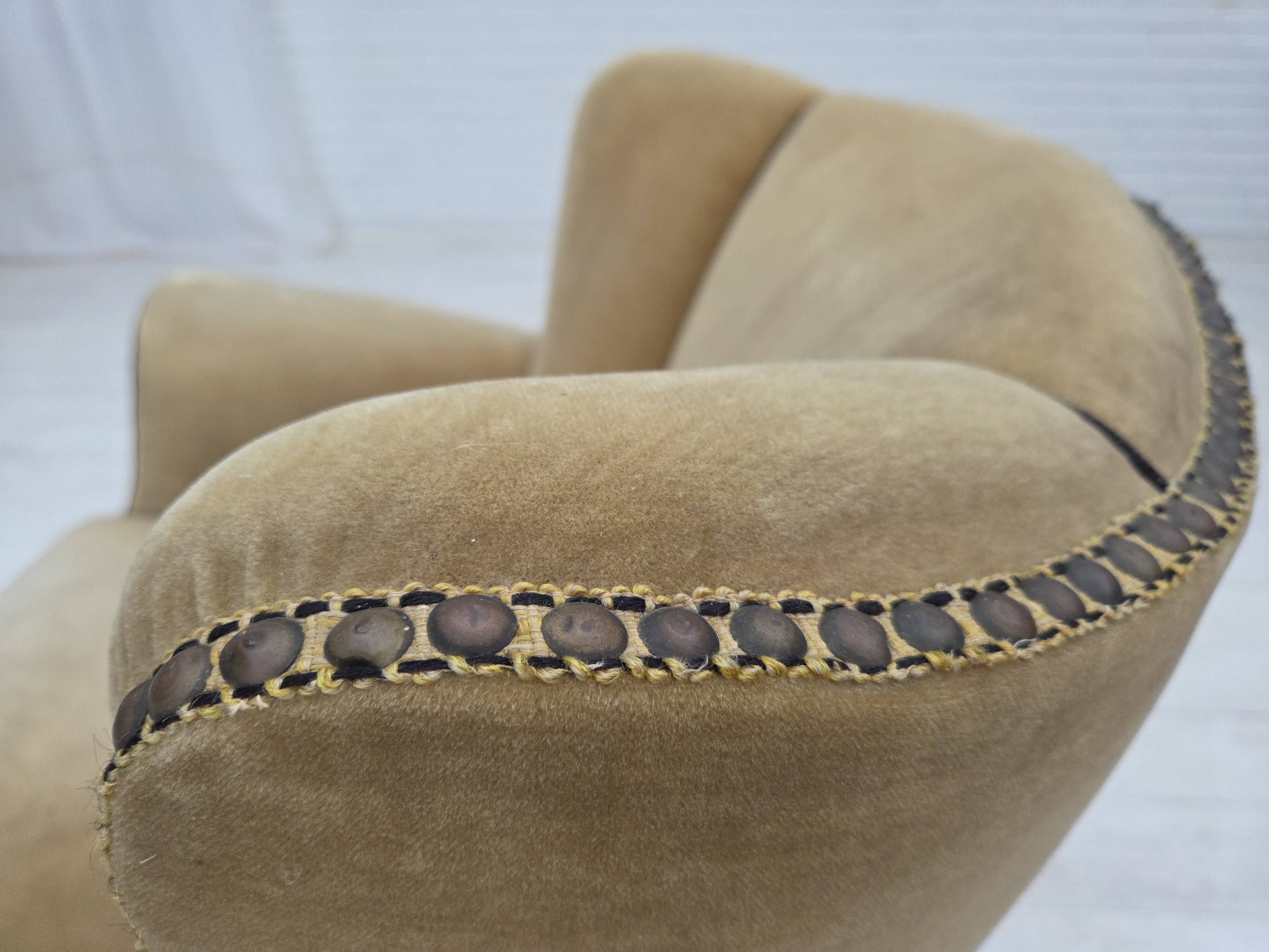 1950s, Danish relax chair, furniture velour with patina, oak wood legs.