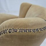 1950s, Danish relax chair, furniture velour with patina, oak wood legs.