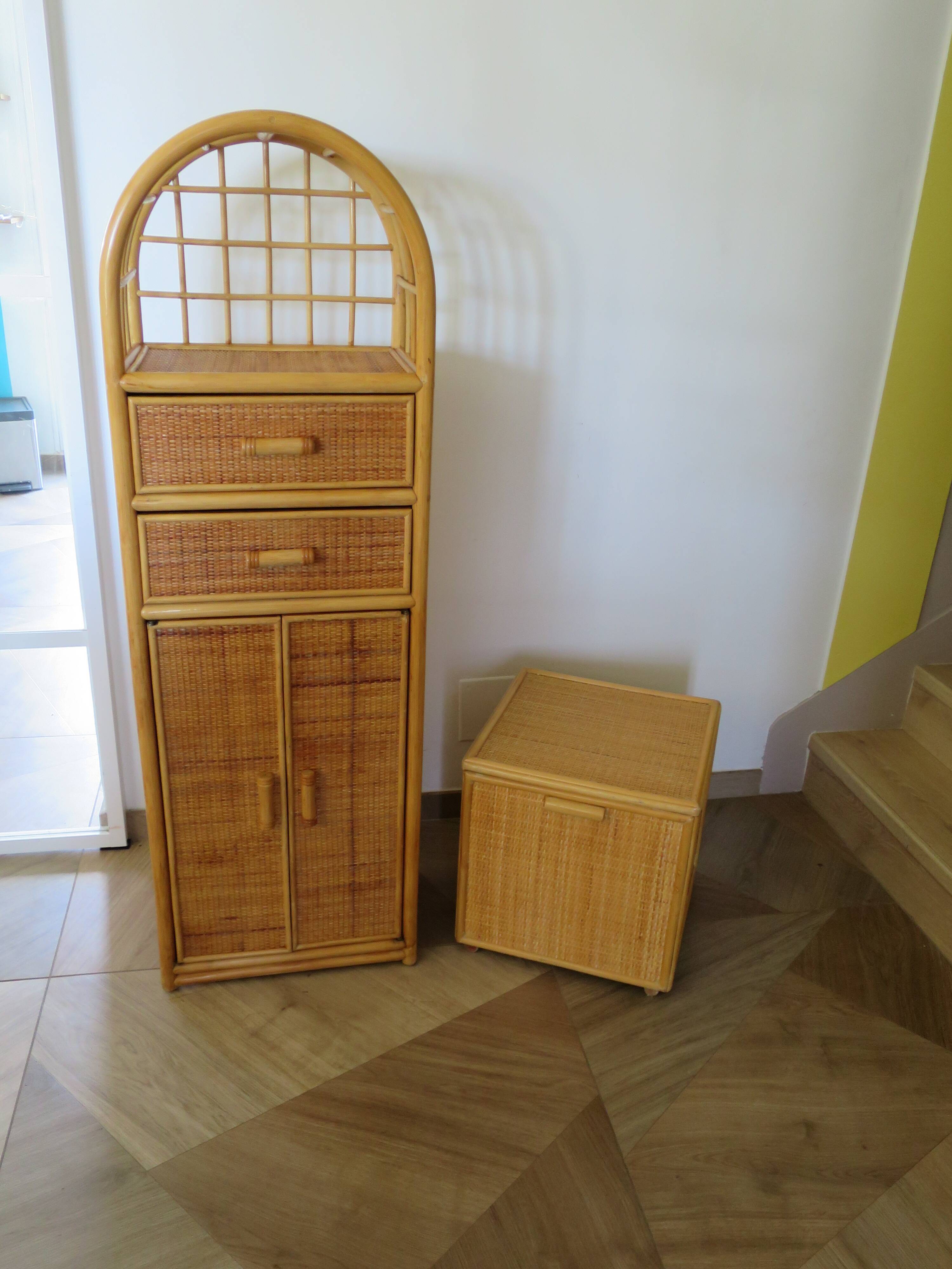 Woven rattan chest, wood and bamboo, 1980s