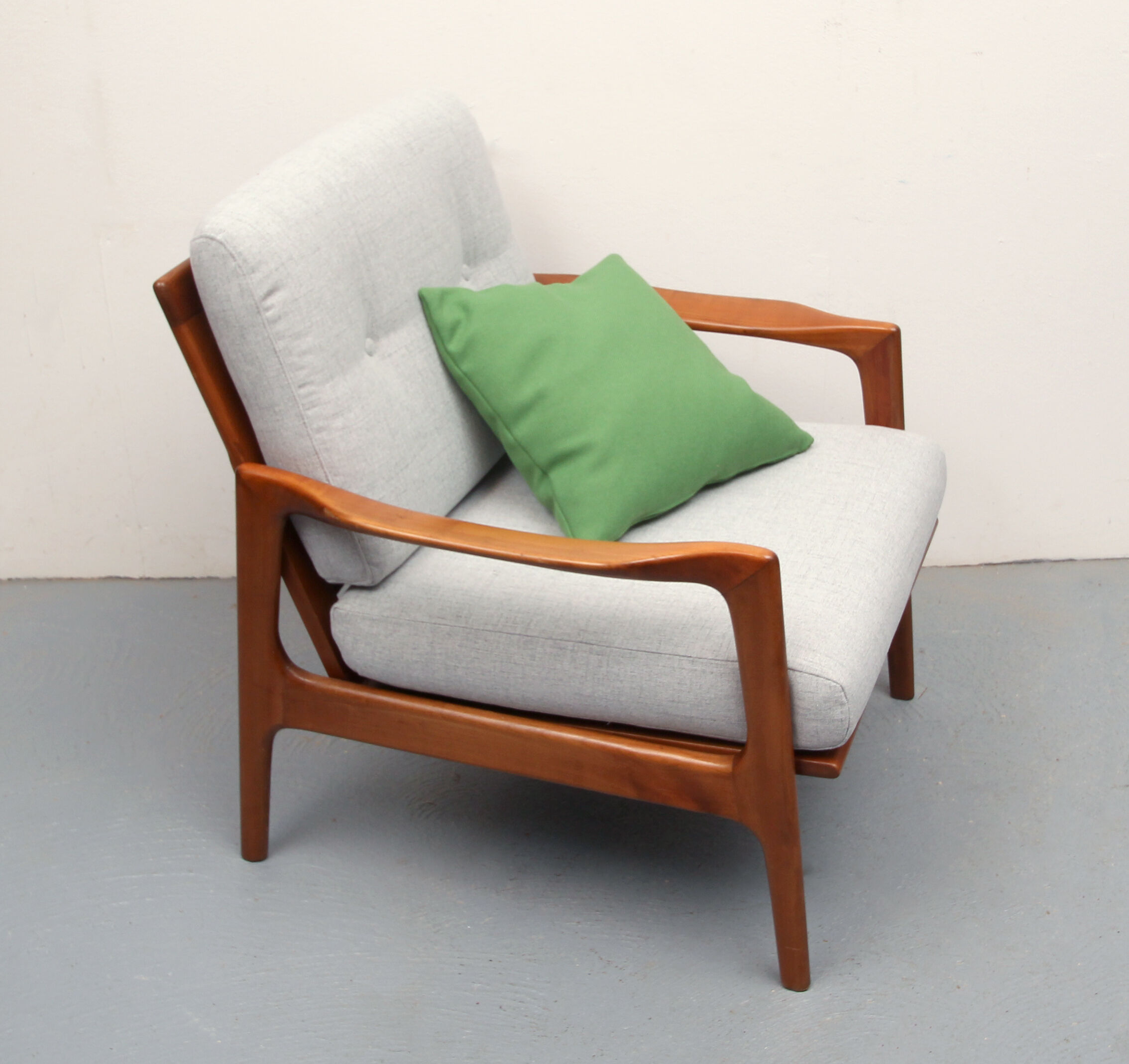 1960s armchair in cherrywood, light grey with green cushion