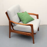 1960s armchair in cherrywood, light grey with green cushion
