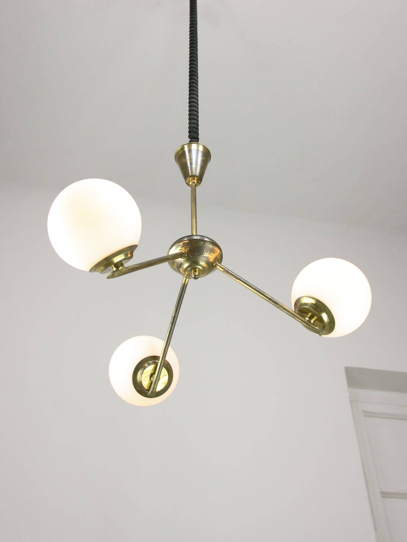 Art Deco Italian Brass and Opaline Chandelier