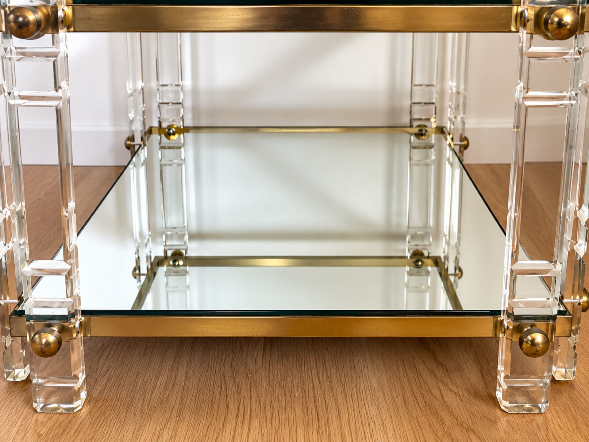 Vintage side table in plexiglass, brass, glass and mirror – years
