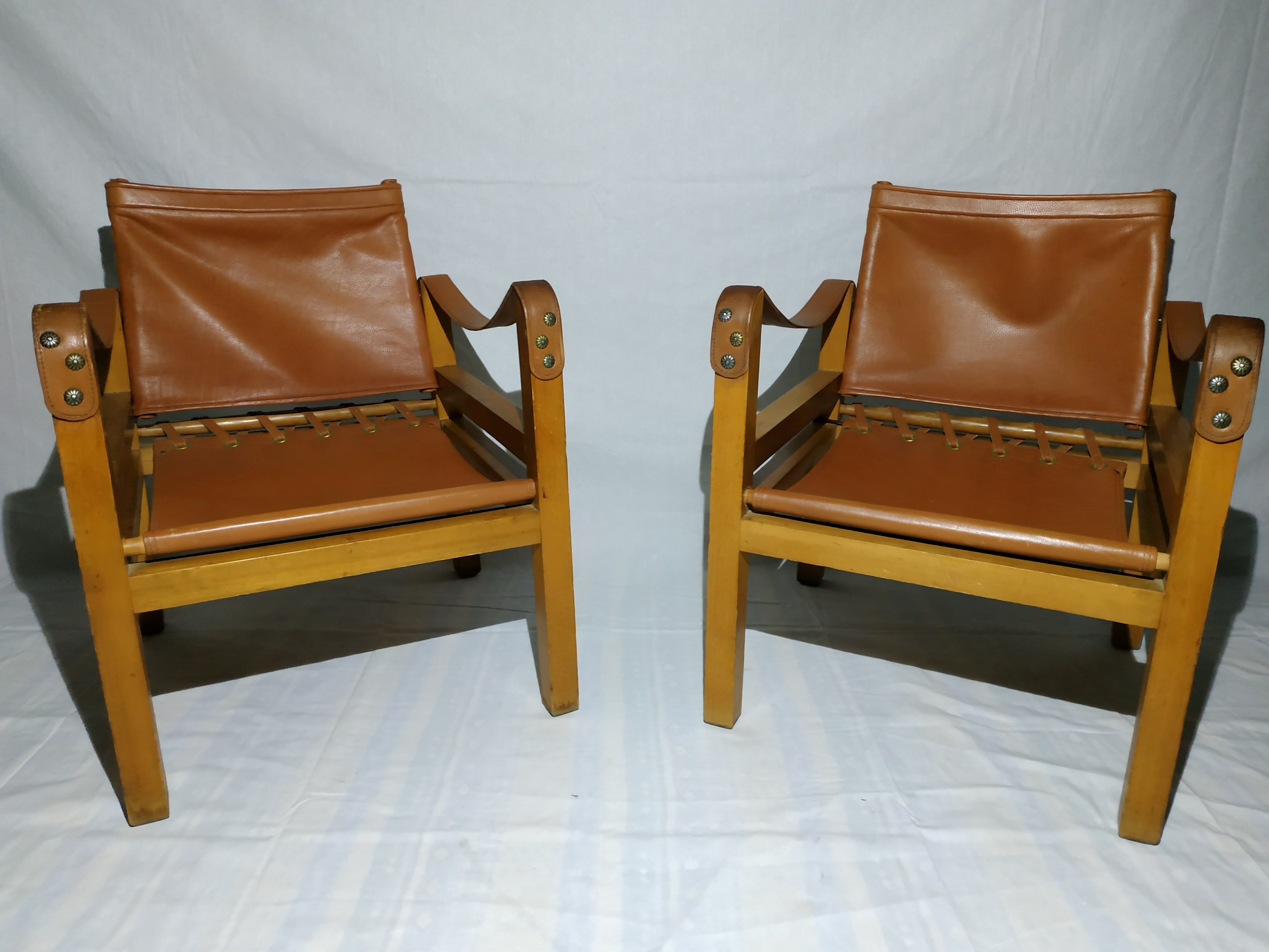 Pair of safari leather armchairs 50s