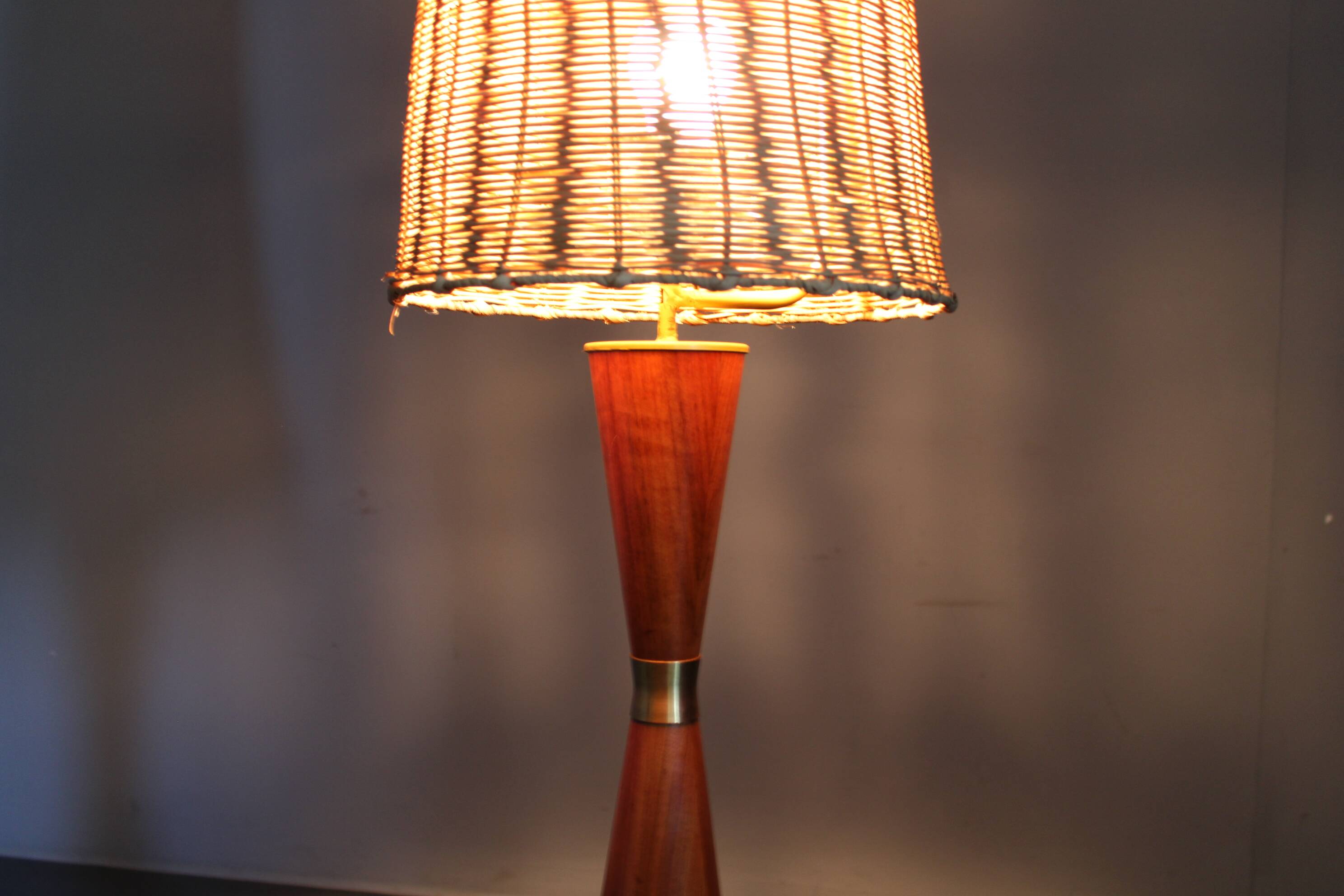 1960s Parker Knoll wooden table lamp with wicker shade, Britain