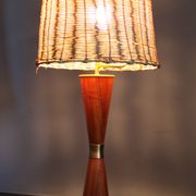 1960s Parker Knoll wooden table lamp with wicker shade, Britain