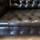 Canapé Chesterfield en cuir noir véritable 3 places