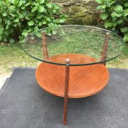 Vintage coffee table round compass legs top in glass and teak wood