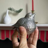 Duo of salt shaker and pepper in the shape of a bird in silver metal and its basket
