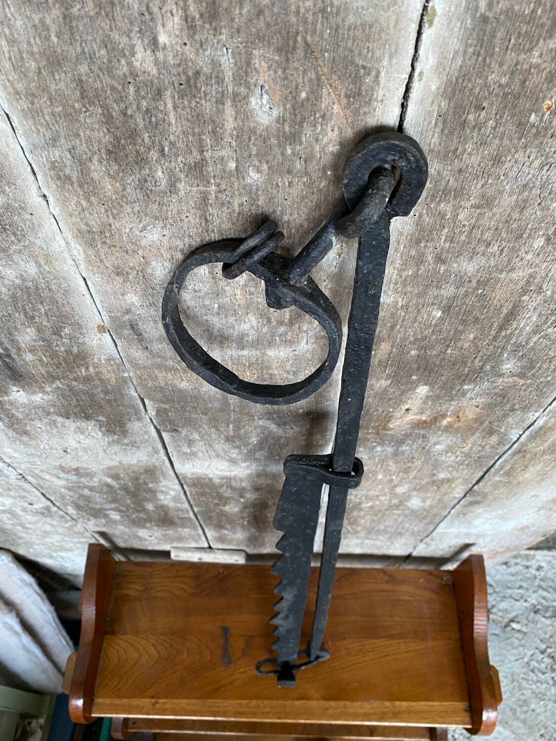 Old cooking rack fireplace wrought iron black 19th century vintage