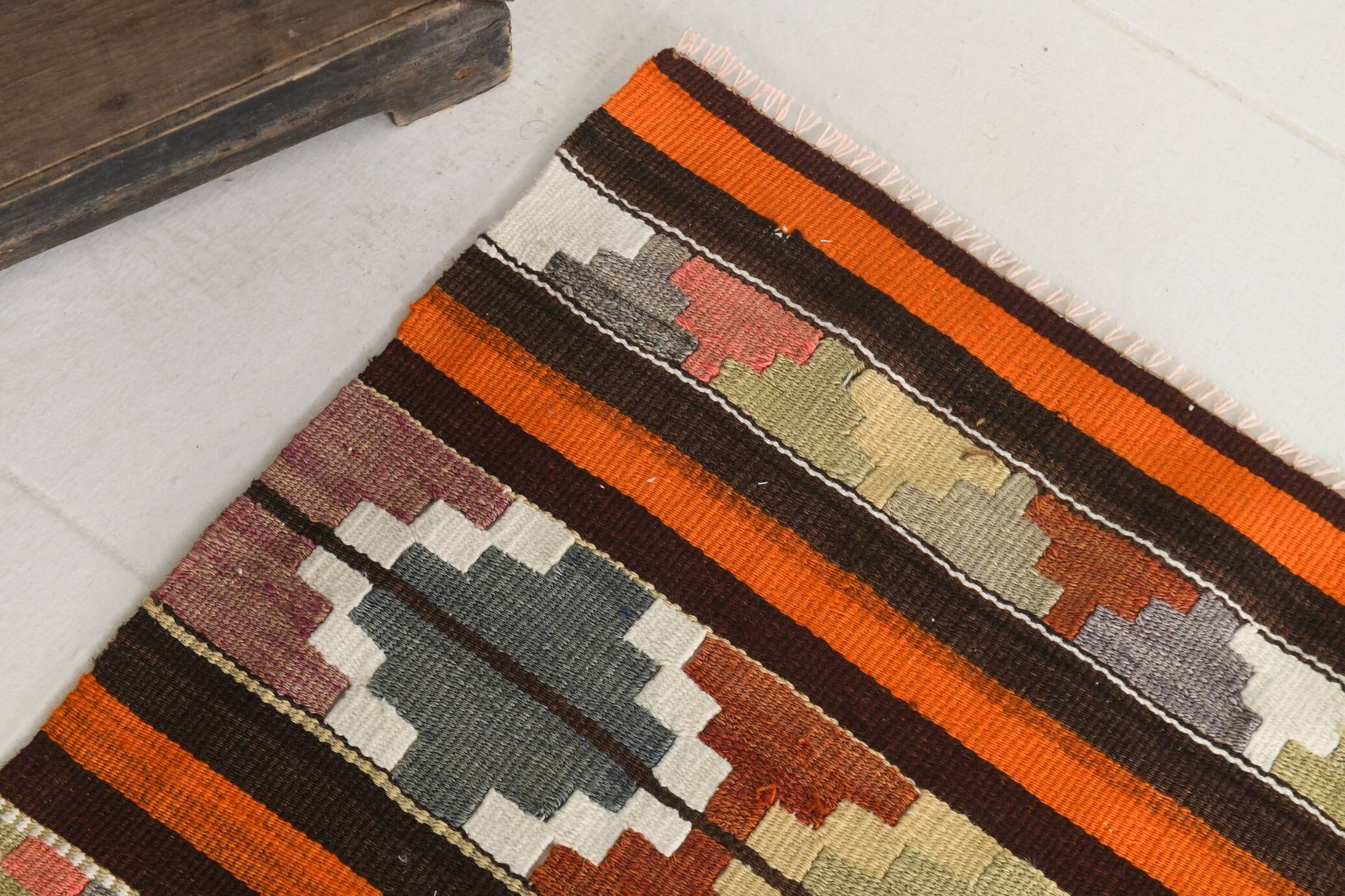 Pink & Brown Turkish Vintage Kilim Runner Rug, 77x387Cm