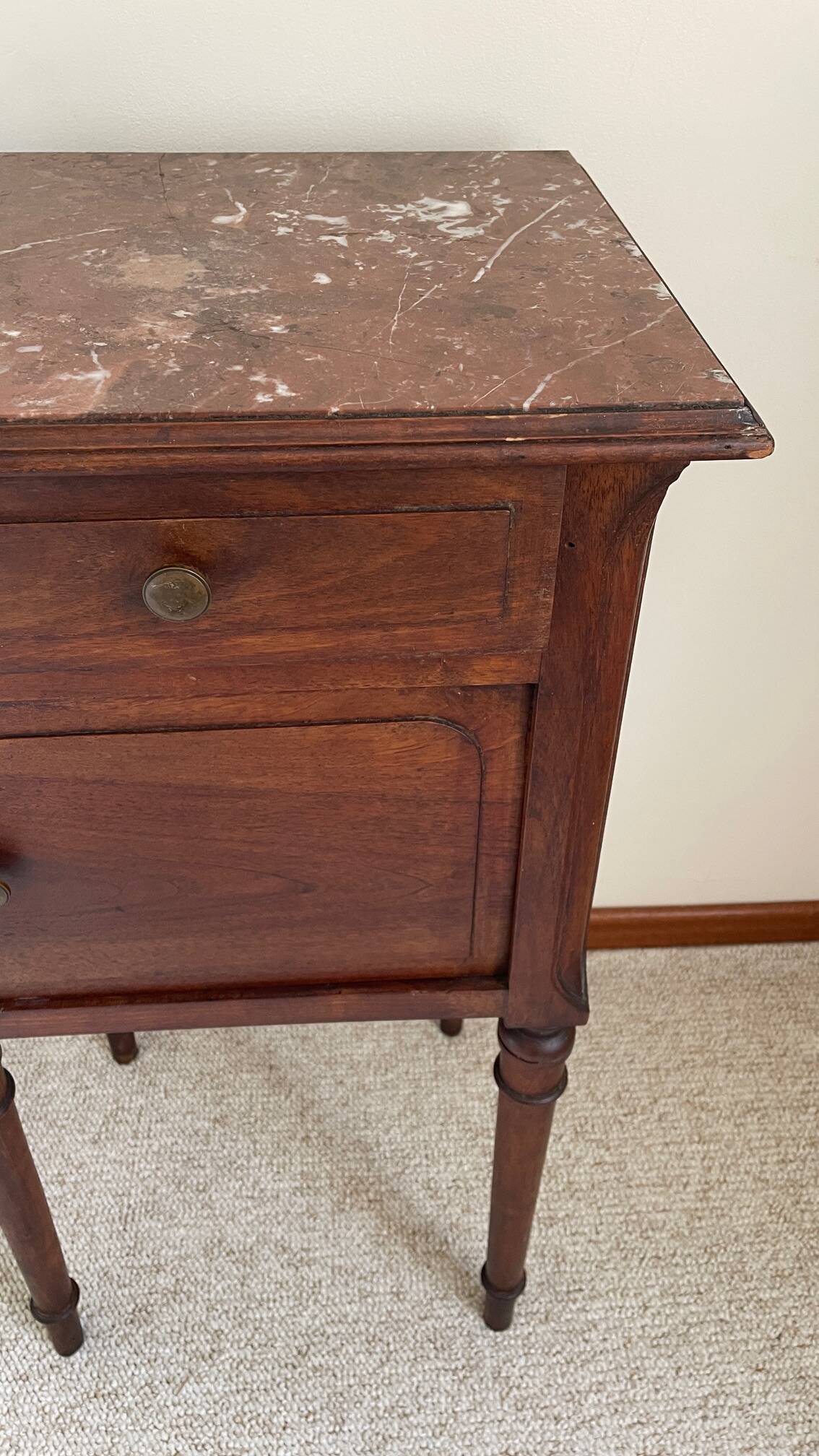 Antique bedside table in wood and marble