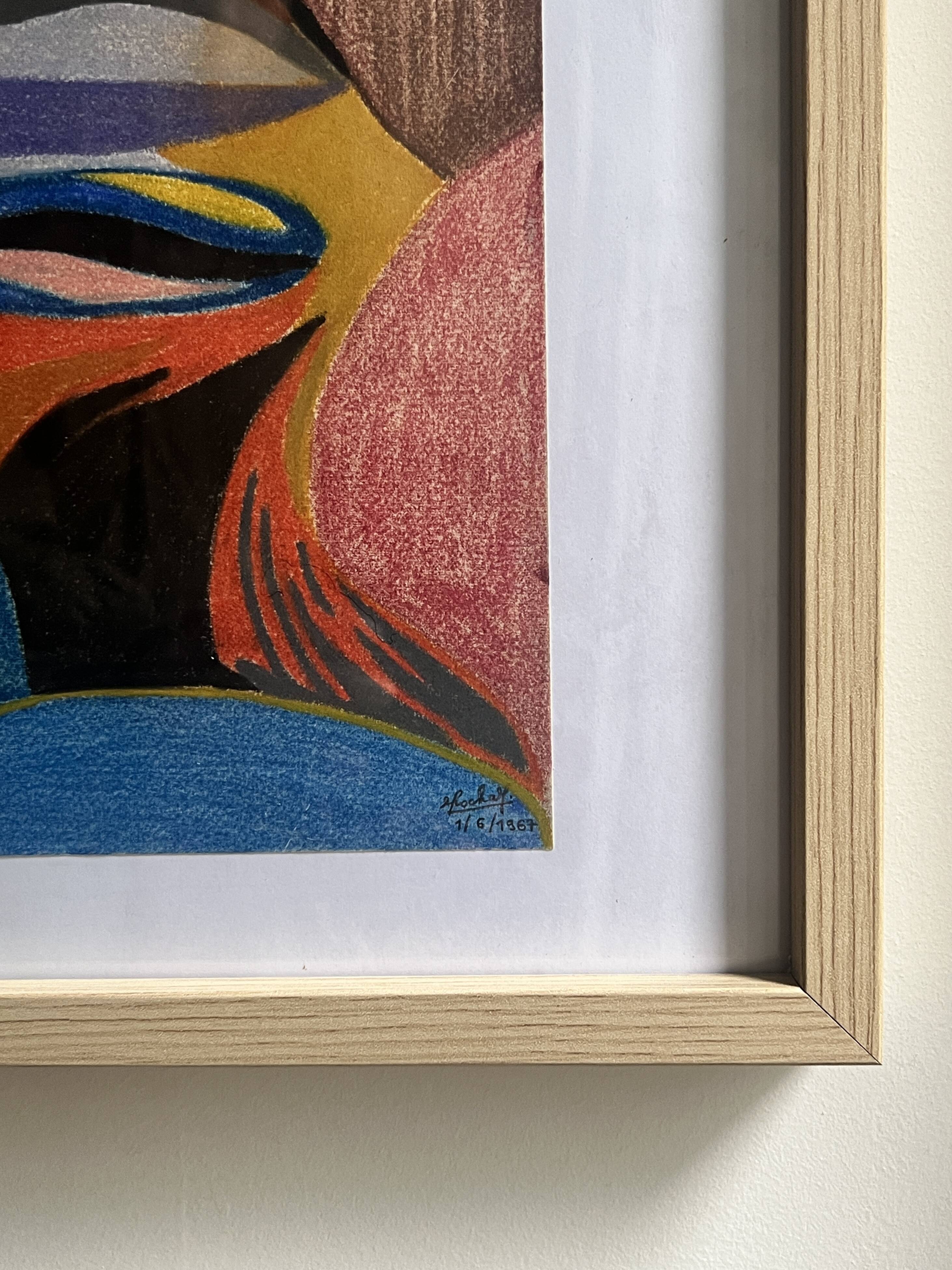 Vintage cubist still life pastel under glass and signed from 1967.