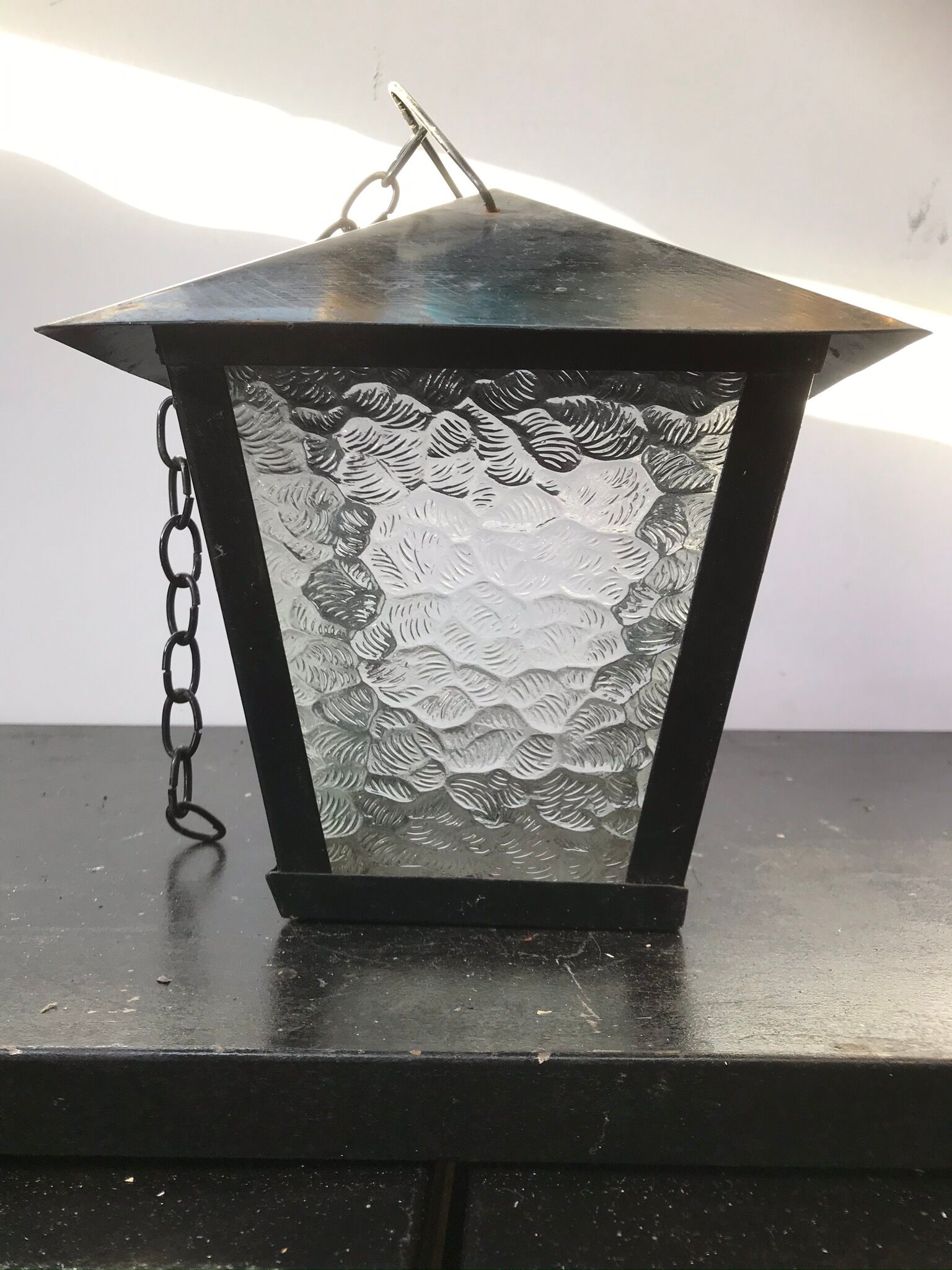 Suspension Old Lantern Metal Black - Vintage 70s Moulded Glass