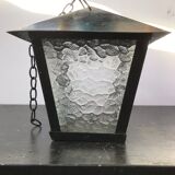 Suspension Old Lantern Metal Black - Vintage 70s Moulded Glass