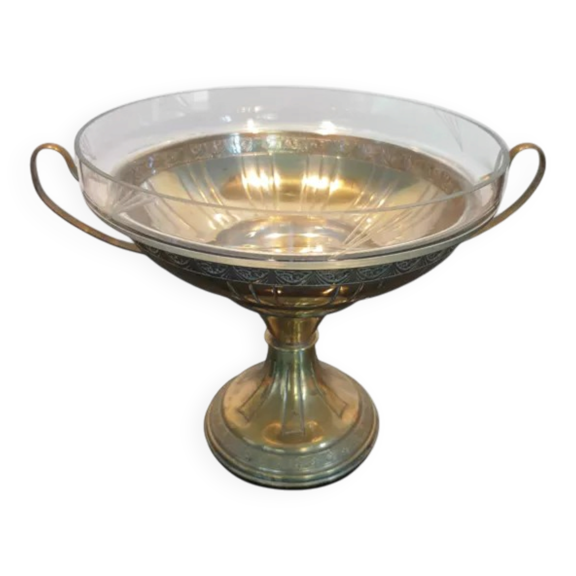 Art Deco brass cup and its engraved saucer.