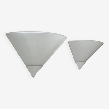 Pair of vintage wall lights, opaline and white lacquered metal, France 1970