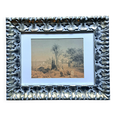Tableau orientaliste XIXème siècle - paysage d’Algérie - dessin monogrammé