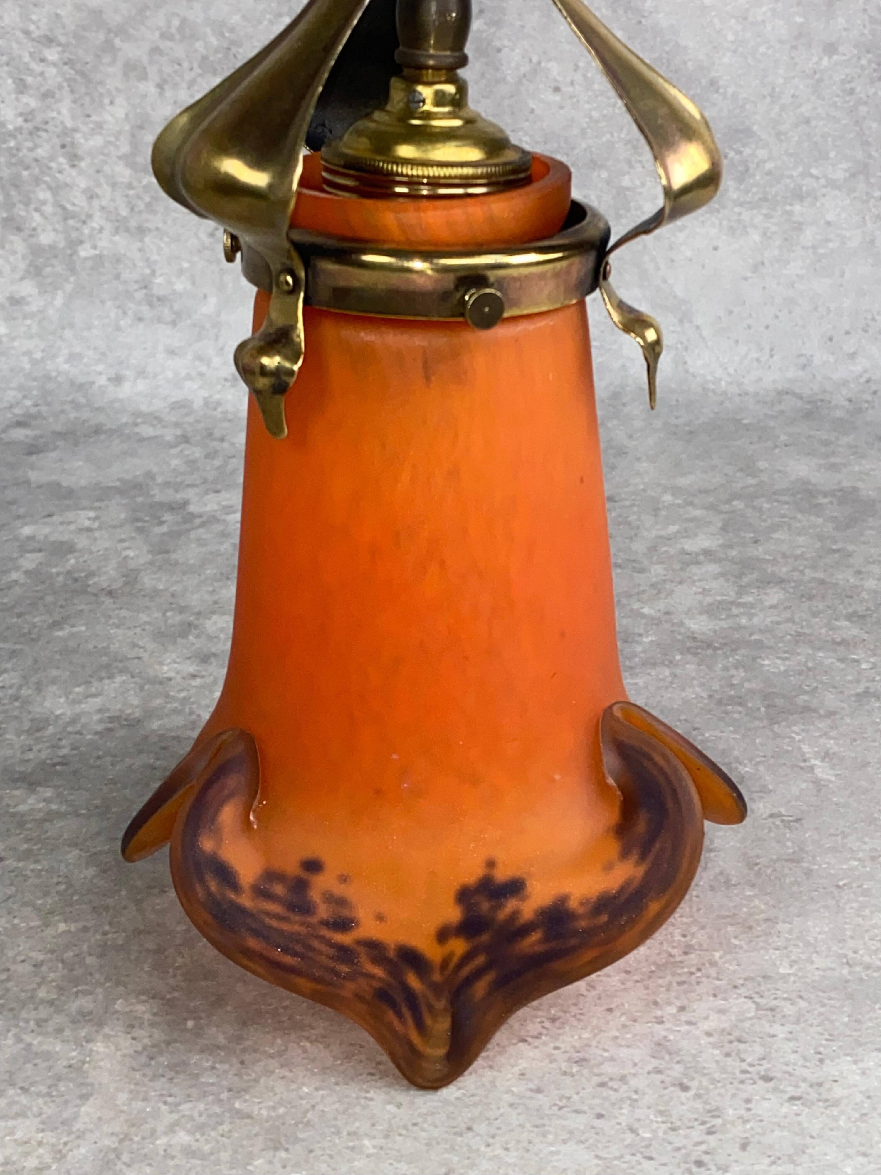 Suspended Jugendstil lamp with orange shade by Muller Frères