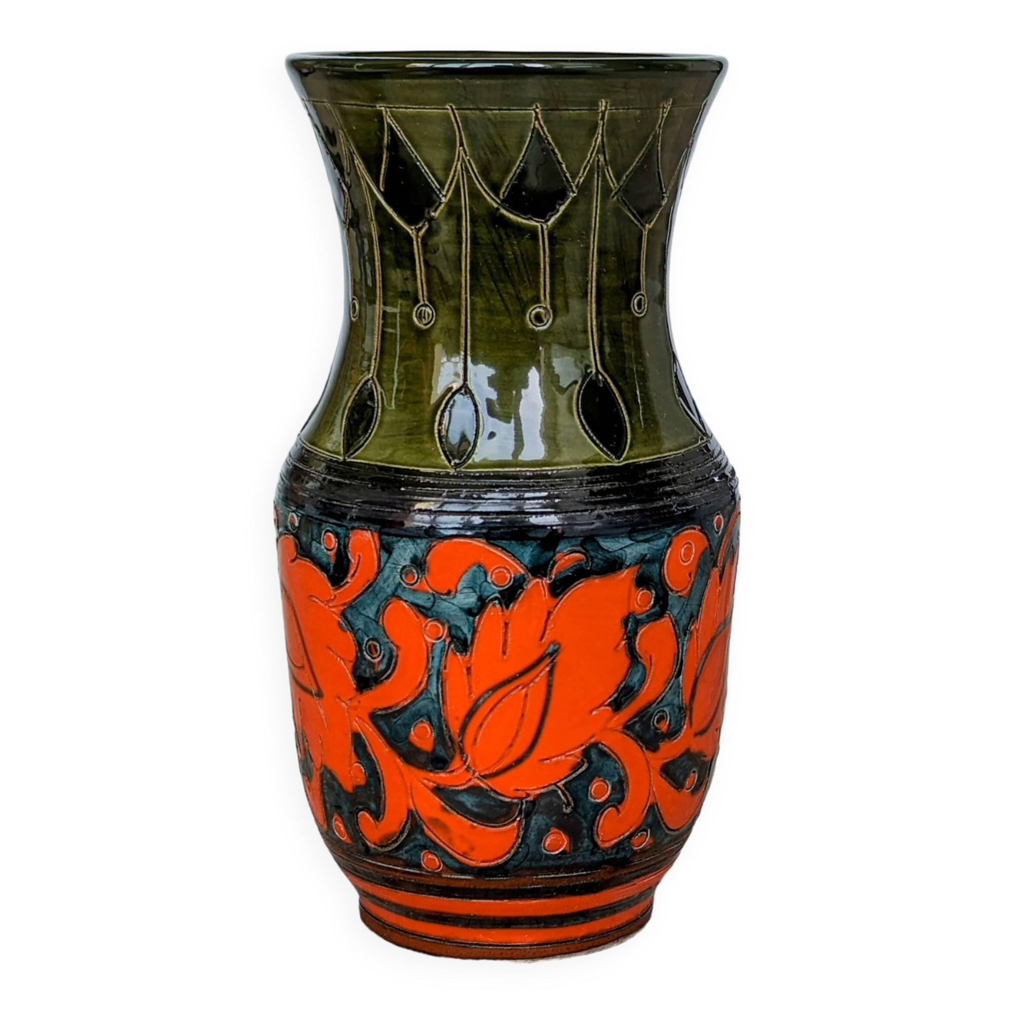 Sgraffito Scraffito enameled ceramic vase in green and orange colors - Year 1950