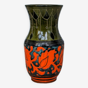 Vase céramique émaillée Sgraffito Scraffito de couleurs vert et orange - Année 1950