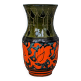 Sgraffito Scraffito enameled ceramic vase in green and orange colors - Year 1950
