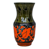 Vase céramique émaillée Sgraffito Scraffito de couleurs vert et orange - Année 1950