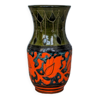 Vase céramique émaillée Sgraffito Scraffito de couleurs vert et orange - Année 1950