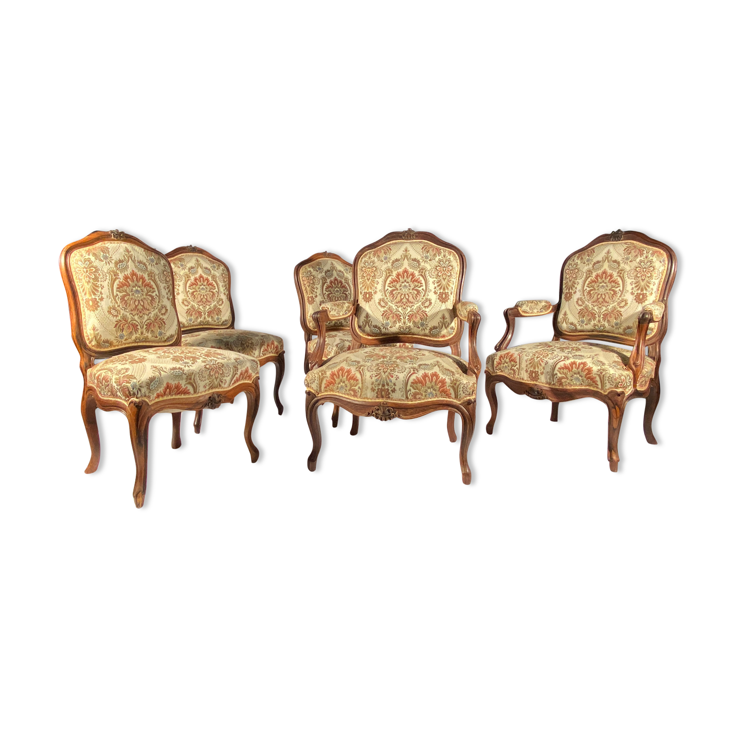 Louis XV style living room including a pair of armchairs and three chairs