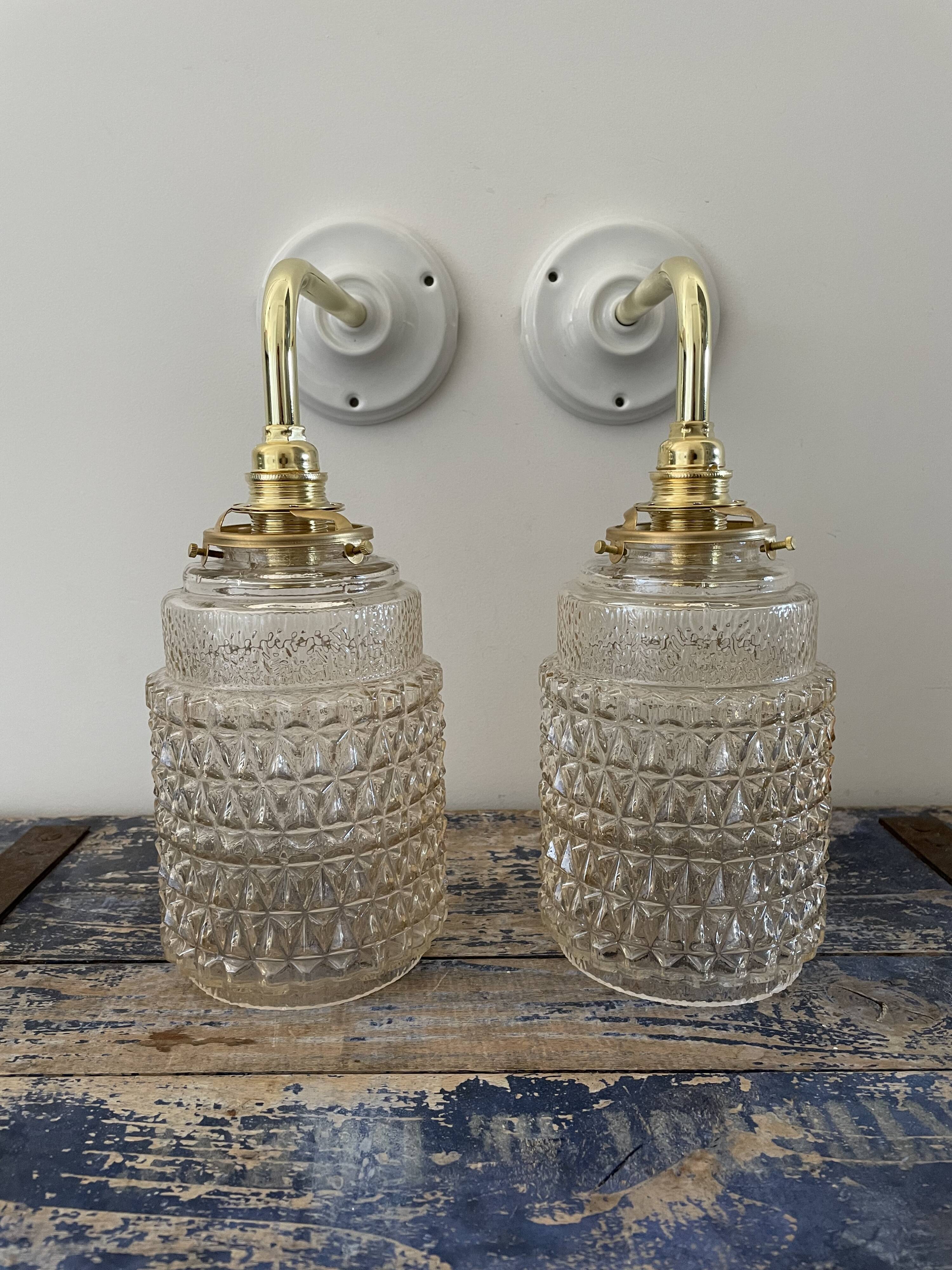 Pair of vintage electrified glass wall lamps