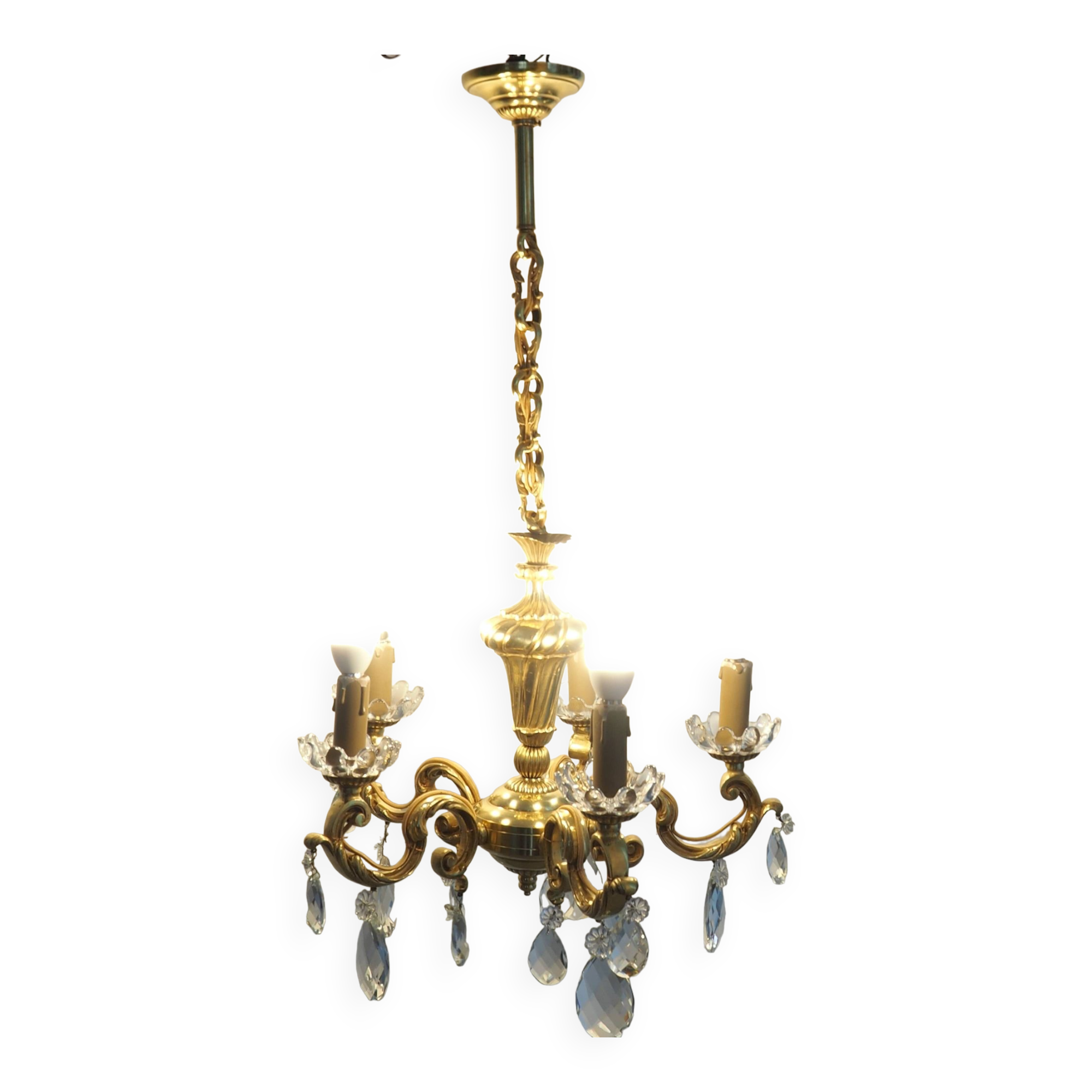 Solid bronze chandelier with crystal pendants and candle holders - Lucien GAU