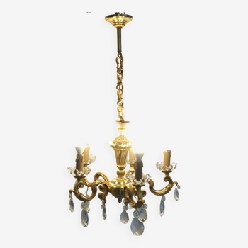 Solid bronze chandelier with crystal pendants and bobeches - Lucien GAU