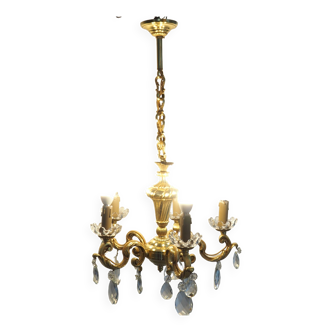 Solid bronze chandelier with crystal pendants and bobeches - Lucien GAU