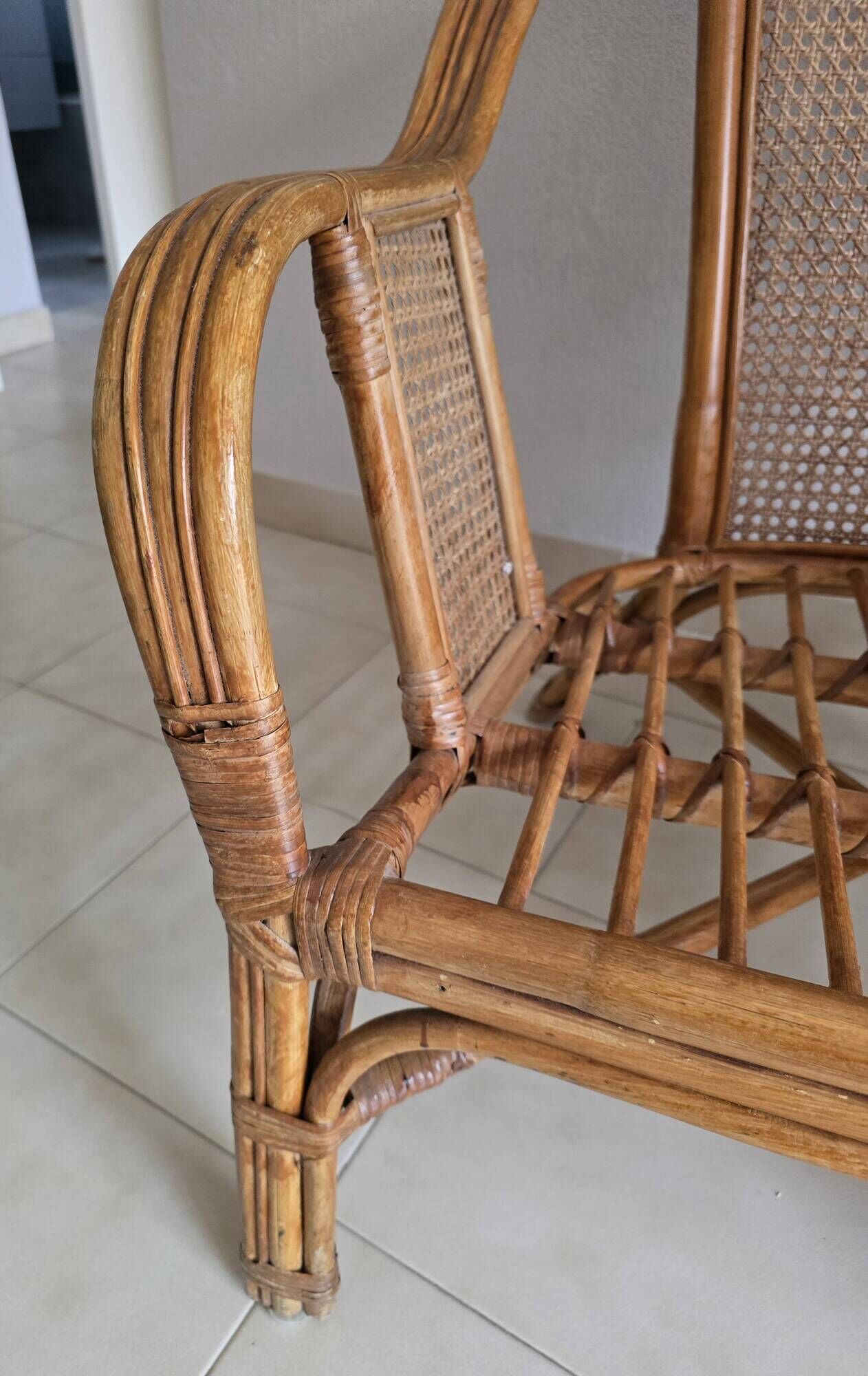 Pair of vintage rattan and cane armchairs – 1960s/70s