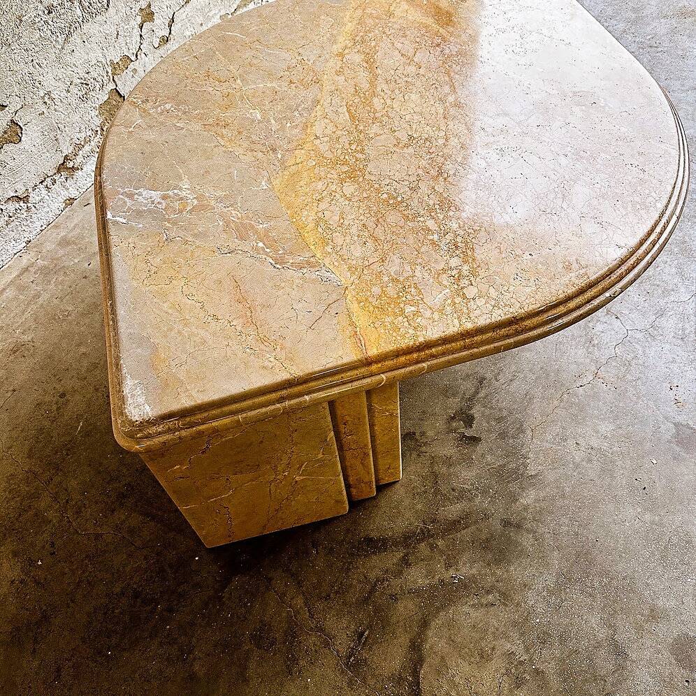 Vintage sandy coloured eye-shaped marble coffee table, France 1980s