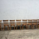Set of 8 vintage bistro chairs – Warm stained wood – Compass legs