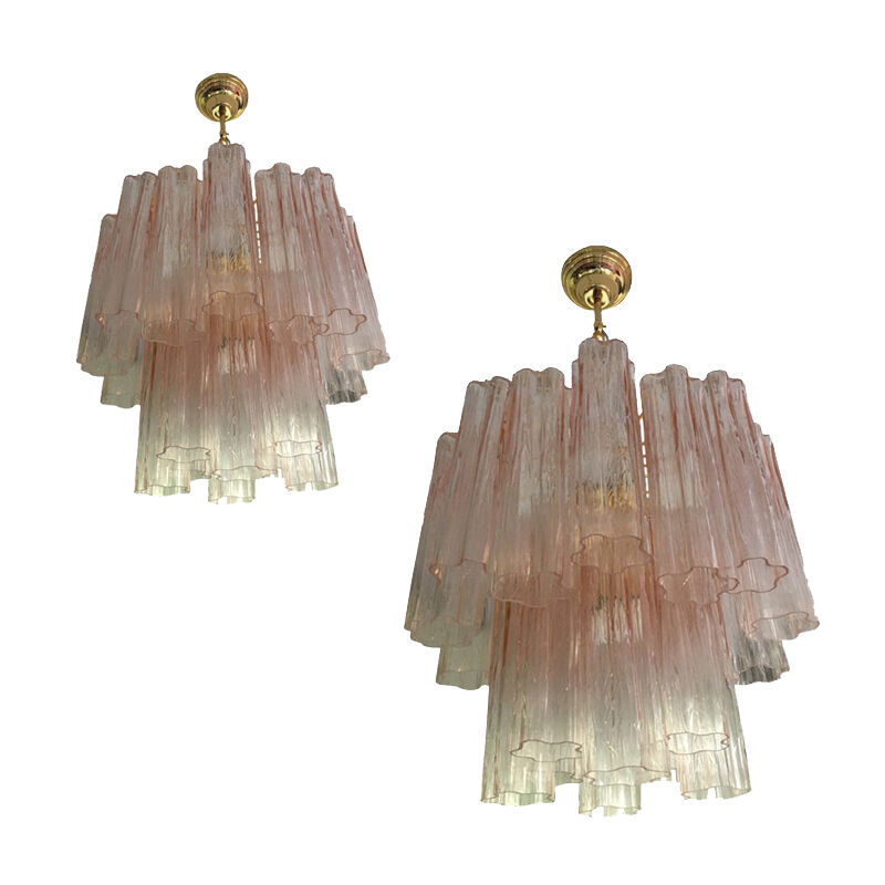 Pink Murano Glass Chandelier Tronchi Venini Style, set of 2 or a pair of chandeliers