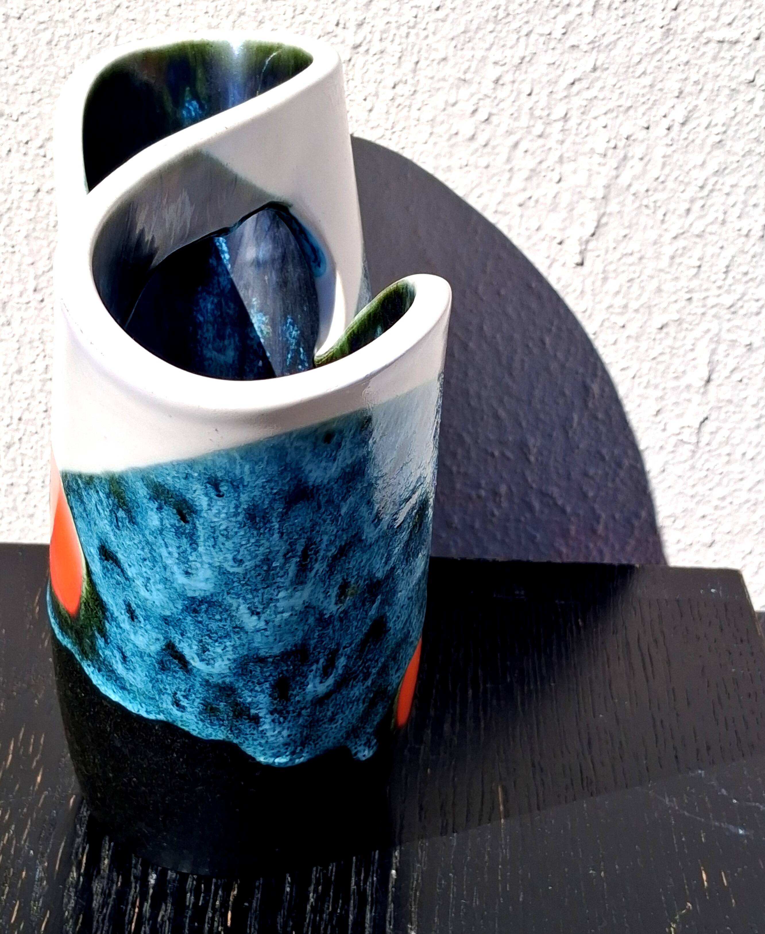 Tricolour vase, vintage seventies design, signed Elchinger, Vallauris.