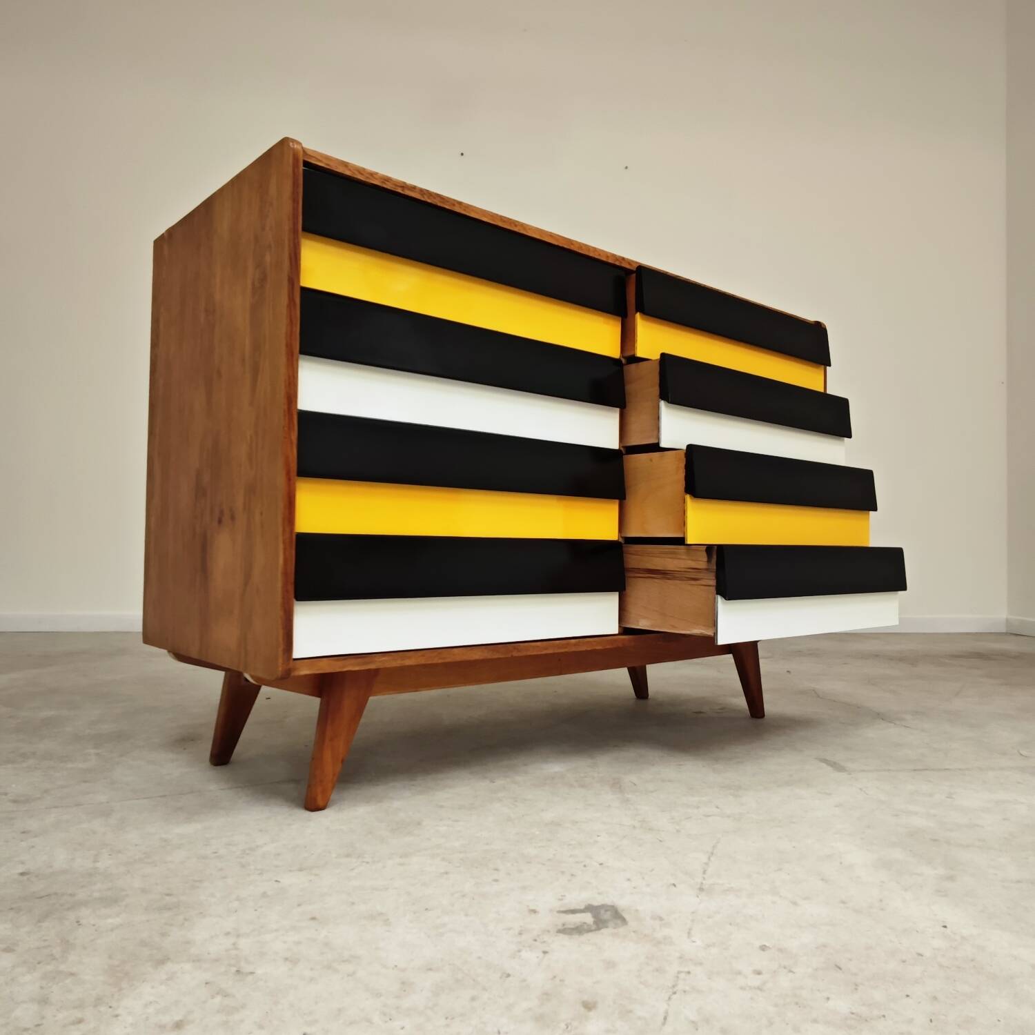U453 yellow 8-drawer wooden sideboard by Jiri Jiroutek for Interier Praha 1960