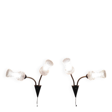 Articulated double light wall sconces in brass and glass - mid 20th century.