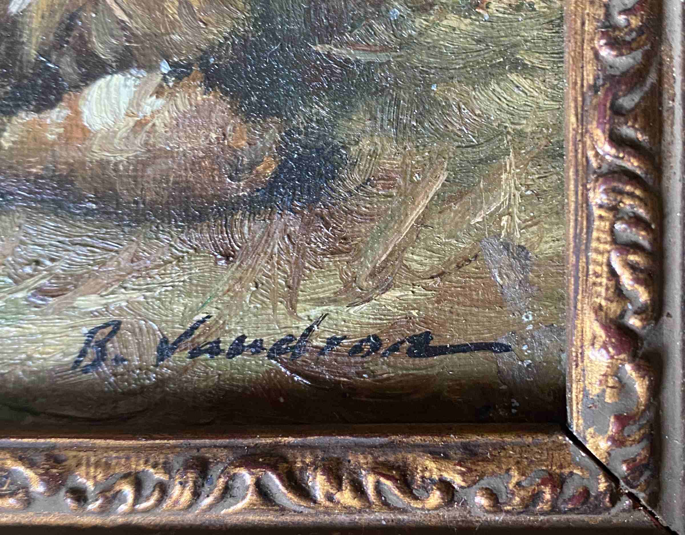 Painting bergerie signed B. Vaudron and frame