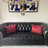 Vintage black leather Chesterfield sofa
