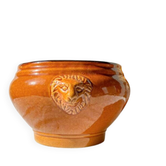 Vintage ceramic lion head soup tureen - honey and black, made in France.