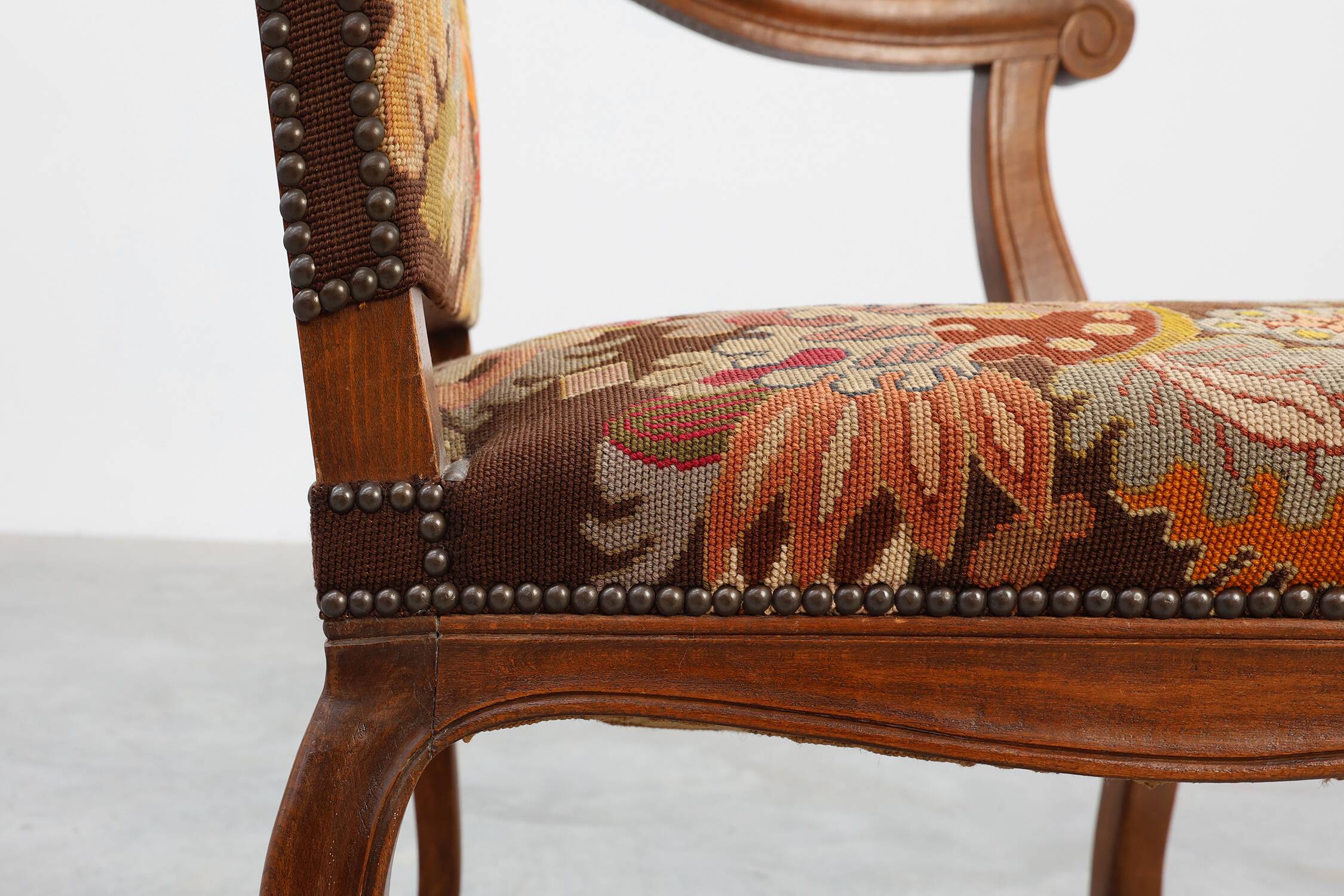 Louis XV Style Carved Walnut Armchair with Needlepoint Upholstery, France