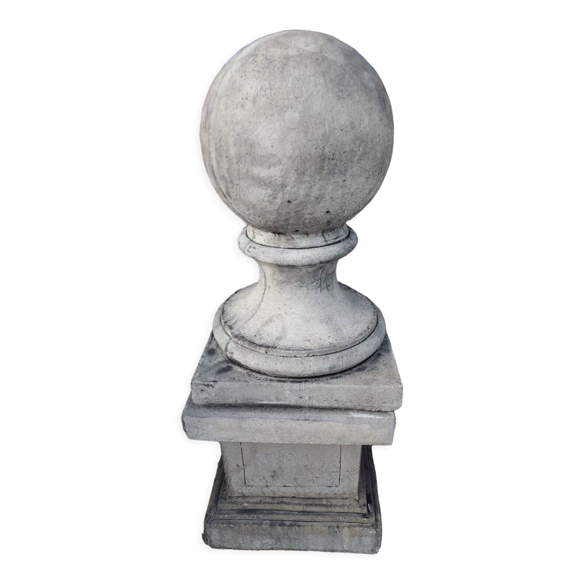 Ball on base in gray patinated reconstituted stone