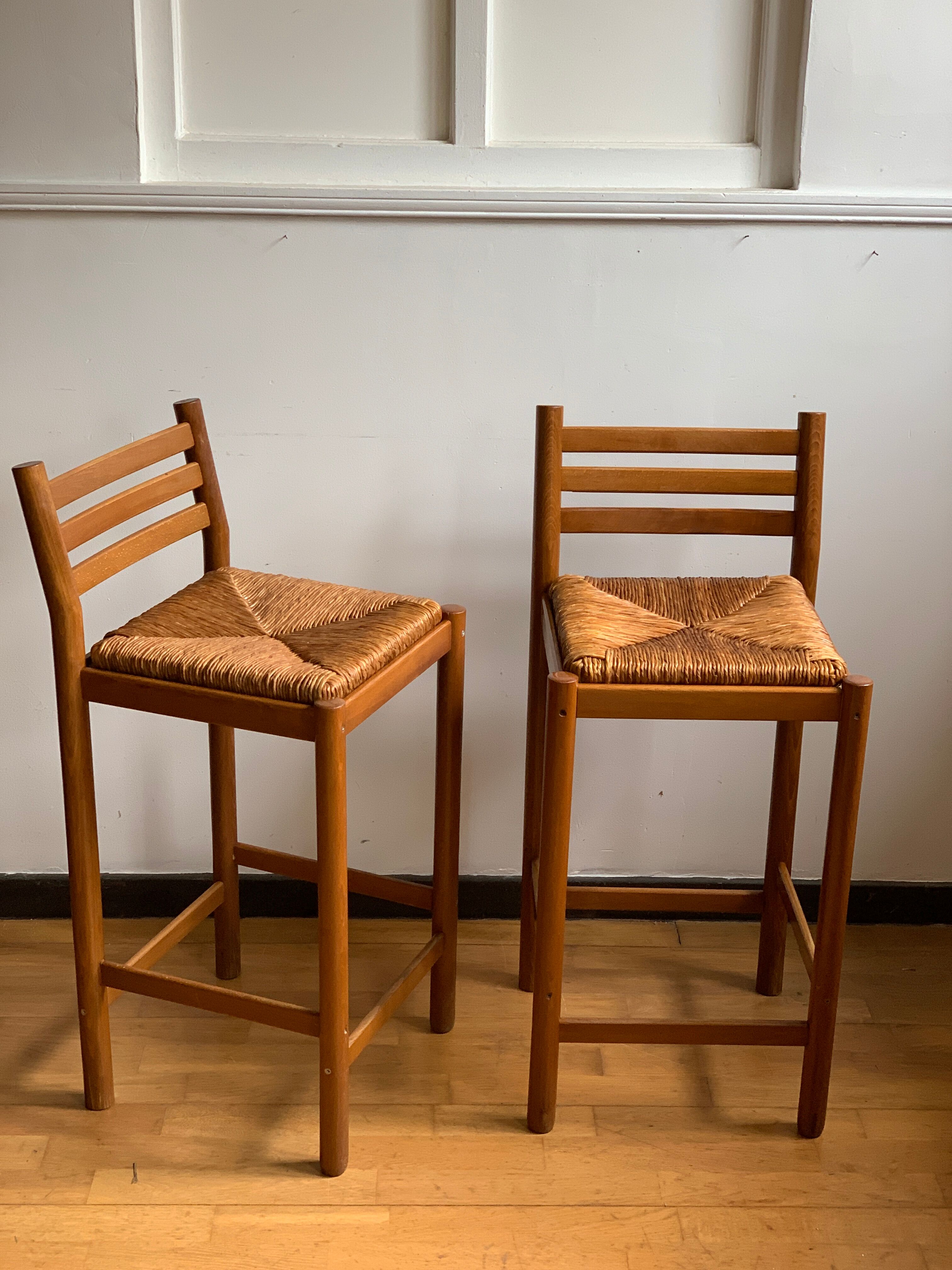 Tabouret chaise de bar bois et paille